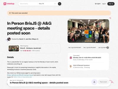 In Person BrisJS A&G meeting space - details posted soon